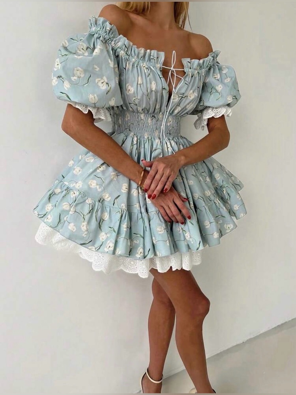 Light Blue Floral Off-Shoulder Mini Dress with Lace Trim